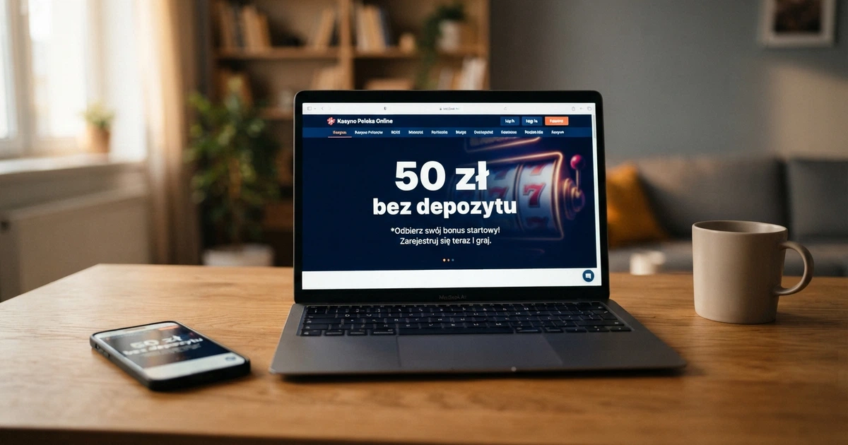 Strona kasyna online z widocznym banerem oferty bonusowej „50 zł bez depozytu za rejestrację” na ekranie laptopa, obok leży smartfon z tą samą stroną