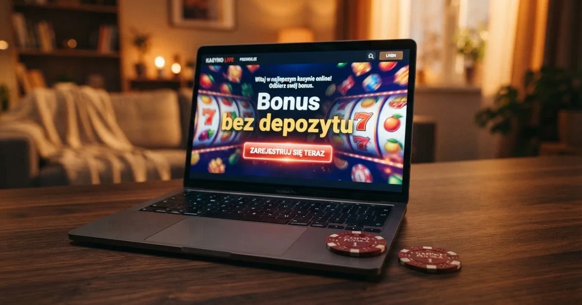 Ekran powitalny kasyna online z widoczną ofertą bonusu bez depozytu i przyciskiem rejestracji