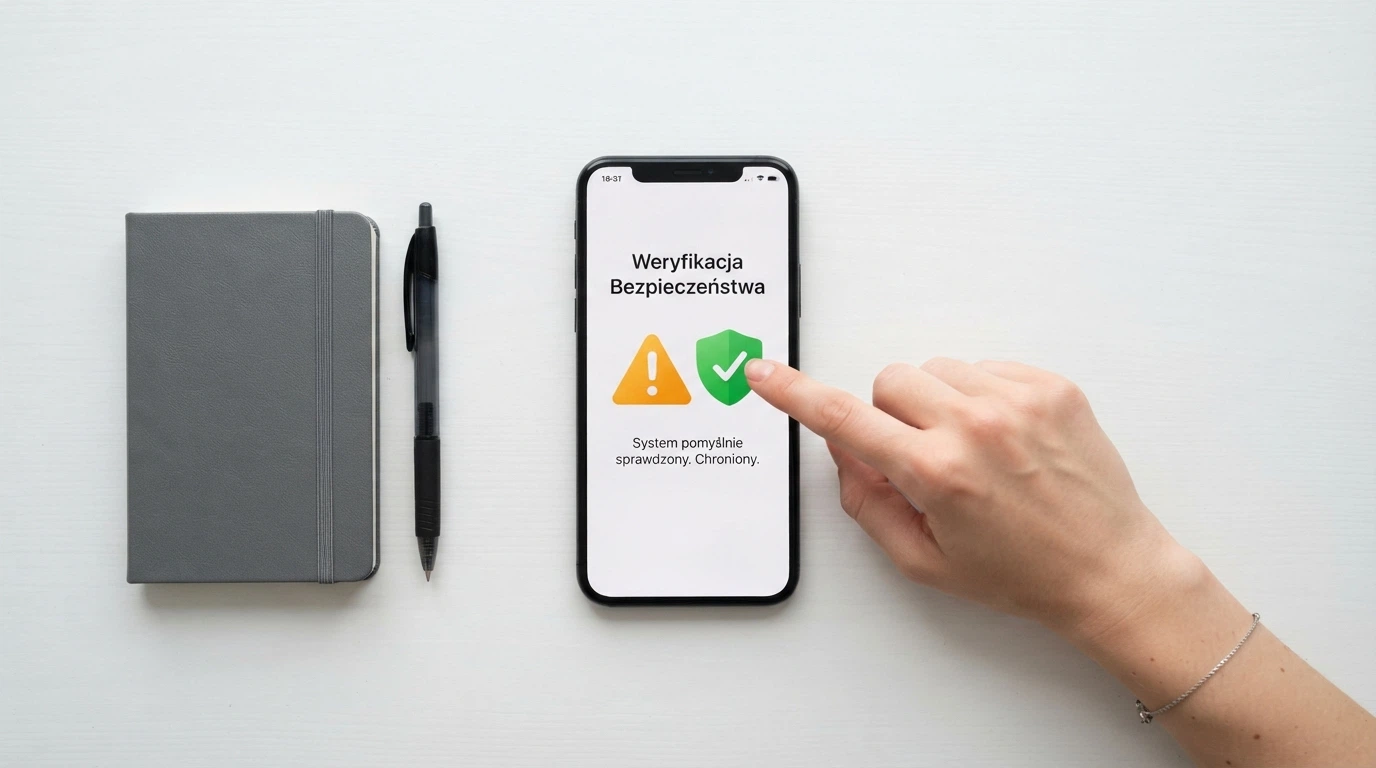 Dokument z pieczęcią Ministerstwa Finansów obok ekranu telefonu wyświetlającego alert bezpieczeństwa
