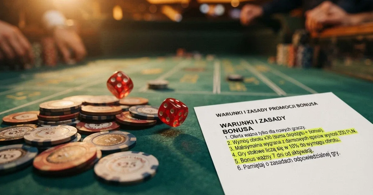 Zbliżenie na kości do gry i żetony kasynowe na zielonym suknie stołu, obok leży wydruk regulaminu bonusu z podkreślonymi warunkami