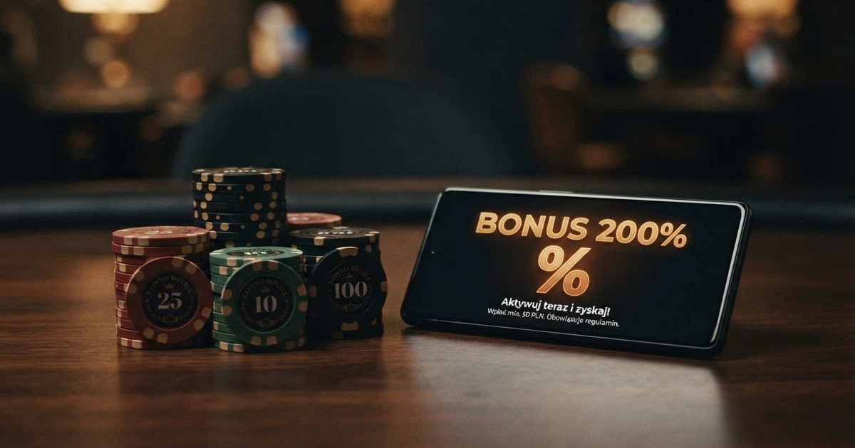 Stos kolorowych żetonów kasynowych obok ekranu telefonu z widocznym napisem „bonus powitalny 200%” w języku polskim i symbolem procentu
