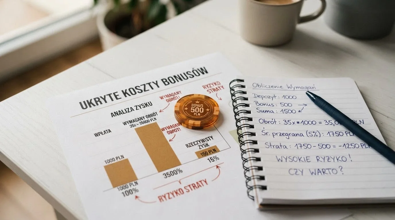 Monety krypto i plansza z warunkami bonusu powitalnego — symbolika zysku i pułapki wymogów obrotu