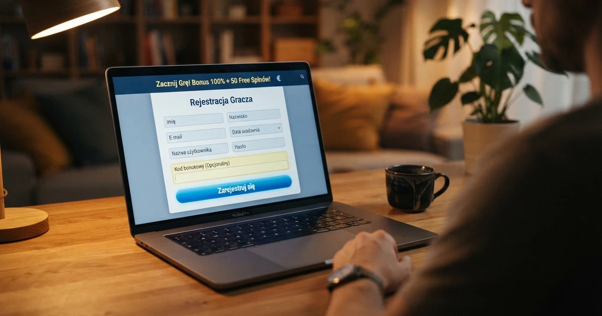 Strona rejestracyjna kasyna online z widocznym polem na kod bonusowy i przyciskiem rejestracji, na ekranie laptopa