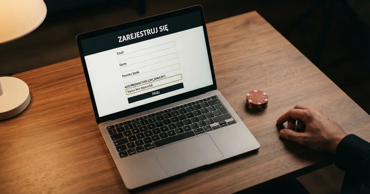 Strona rejestracyjna kasyna online z polem na kod promocyjny i napisem „bonus bez depozytu” na ekranie laptopa, obok leży polski dowód osobisty