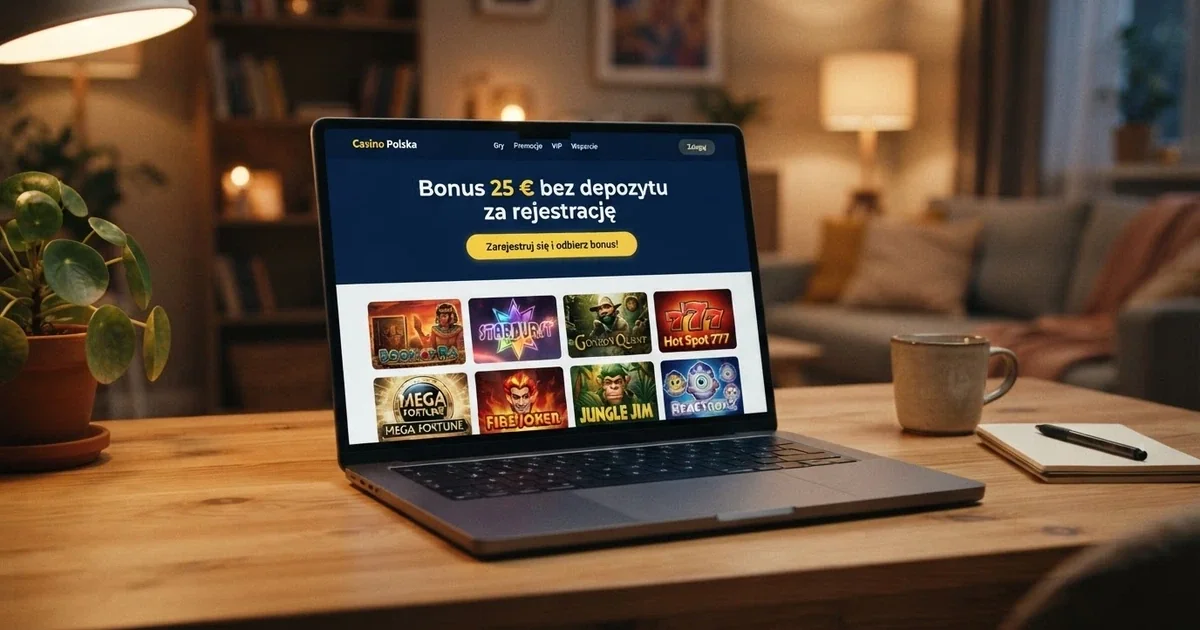 Strona główna kasyna online z banerem „Bonus 25 € bez depozytu za rejestrację”, widoczny przycisk rejestracji