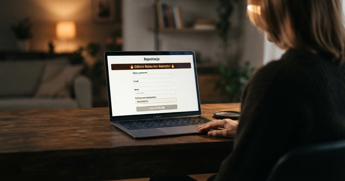 Strona rejestracyjna kasyna online z widocznym polem na kod bonusowy i komunikatem o bonusie bez depozytu, na ekranie laptopa