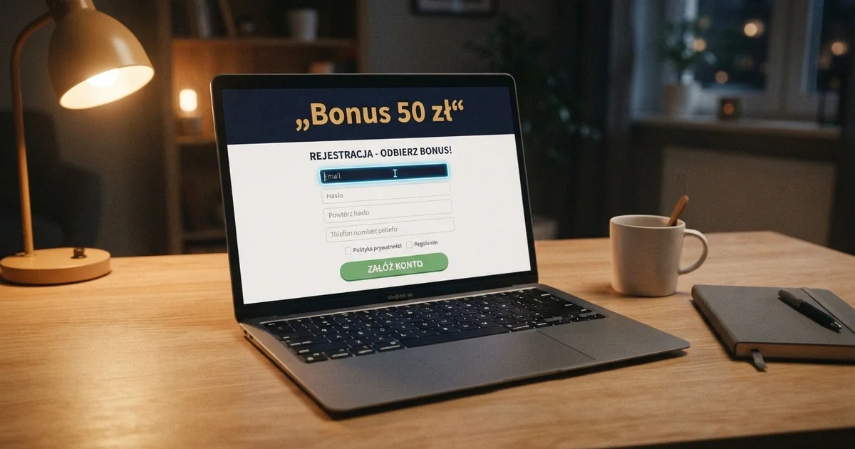 Strona rejestracji w kasynie online z widoczną ofertą bonusu bez depozytu