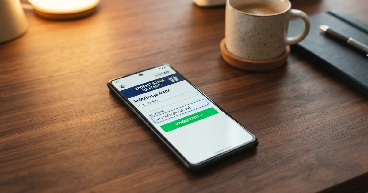 Strona rejestracji w kasynie online z polem na kod promocyjny i widoczną ofertą bonusu bez depozytu