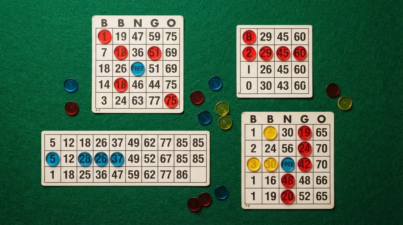 Cztery karty bingo w różnych formatach — układ 5×5 dla bingo 75-kulowego, 3×9 dla 90-kulowego i 4×4 dla 80-kulowego, każda z innym układem zaznaczonych liczb
