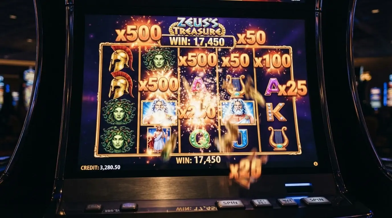 Ekran automatu Gates of Olympus z widocznymi mnożnikami i opadającymi symbolami w trakcie rundy bonusowej