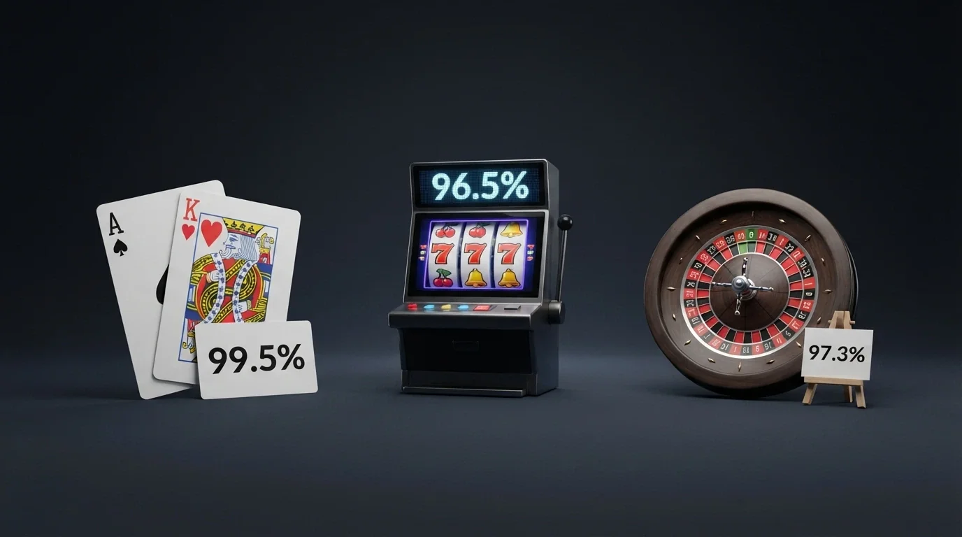 Układ kart do blackjacka (as i król — naturalny blackjack) obok ekranu automatu z widocznym polem RTP 96,5% i koła ruletki z jednym zerem — trzy gry obok siebie na ciemnym tle, każda podpisana swoim RTP.
