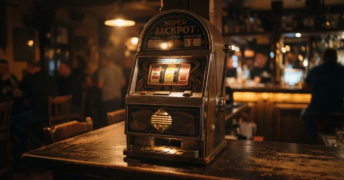 Klasyczny automat do gry z dźwignią boczną, owocowymi symbolami na bębnach i podświetlonym panelem
