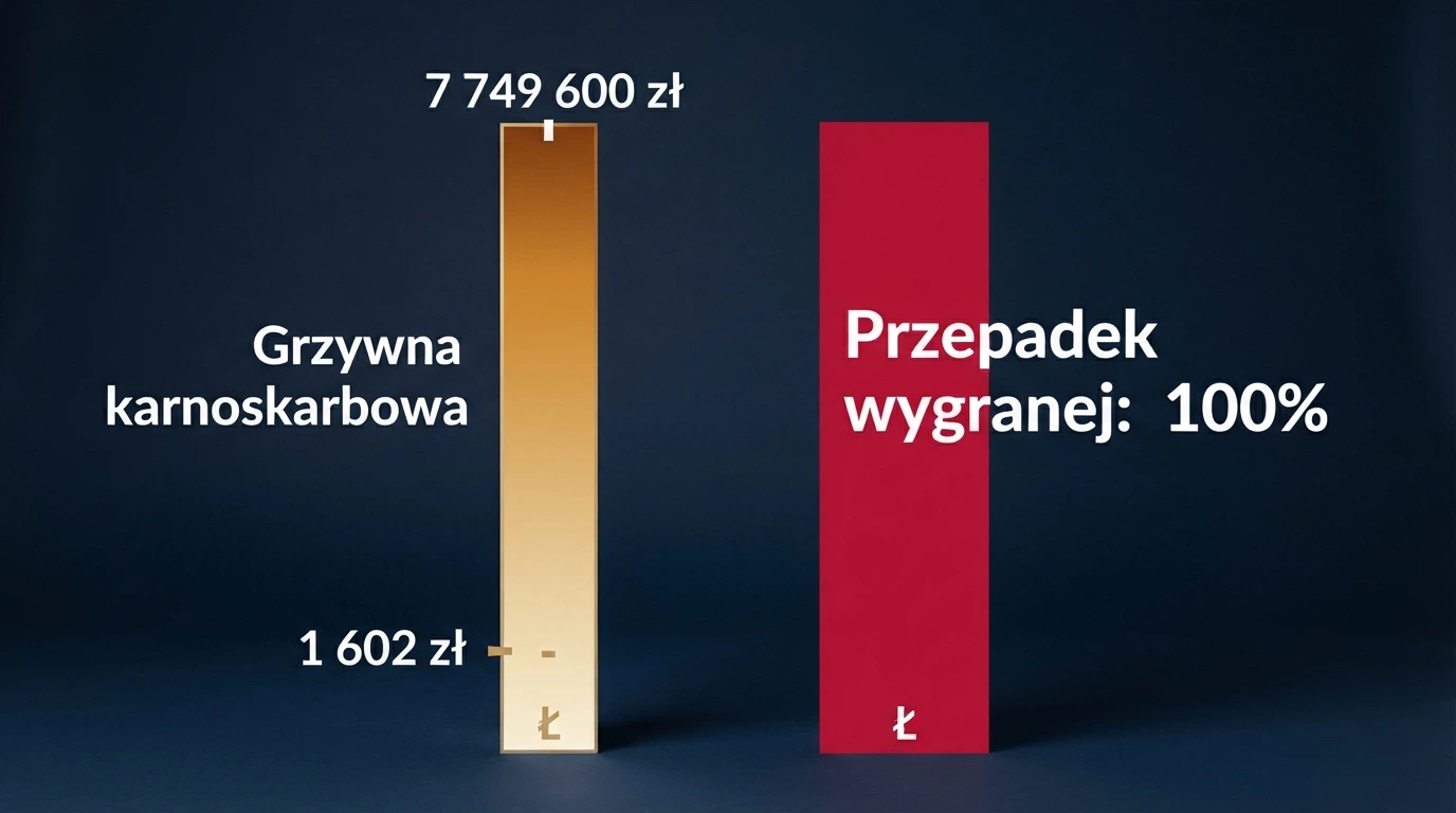 Dokument urzędowy i skala od 1 602 zł do 7,7 mln zł — wizualizacja przedziału kar, jakie polskie prawo przewiduje za udział w nielegalnym hazardzie online