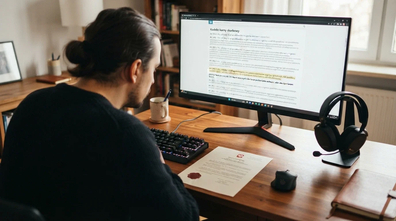 Dokument urzędowy z pieczęcią Ministerstwa Finansów leżący na biurku obok klawiatury i słuchawek gamingowych; na ekranie w tle widoczny artykuł ustawy o grach hazardowych