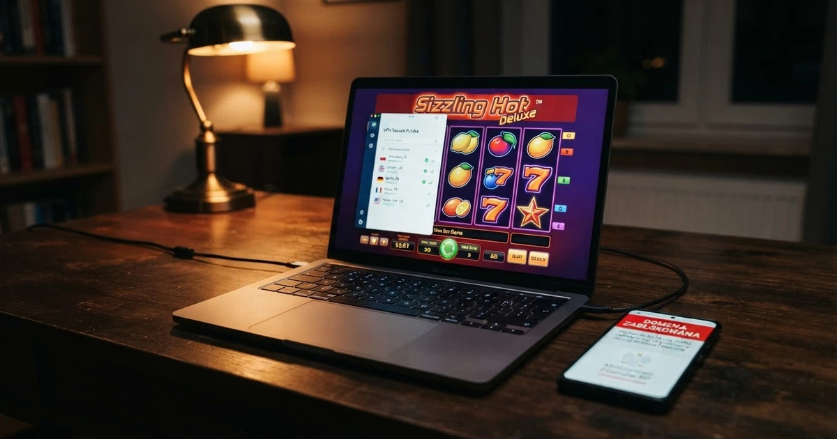Ekran laptopa z otwartą stroną kasyna online, nałożony półprzezroczysty interfejs VPN z listą serwerów w różnych krajach, obok leży smartfon z komunikatem blokady domeny przez Ministerstwo Finansów