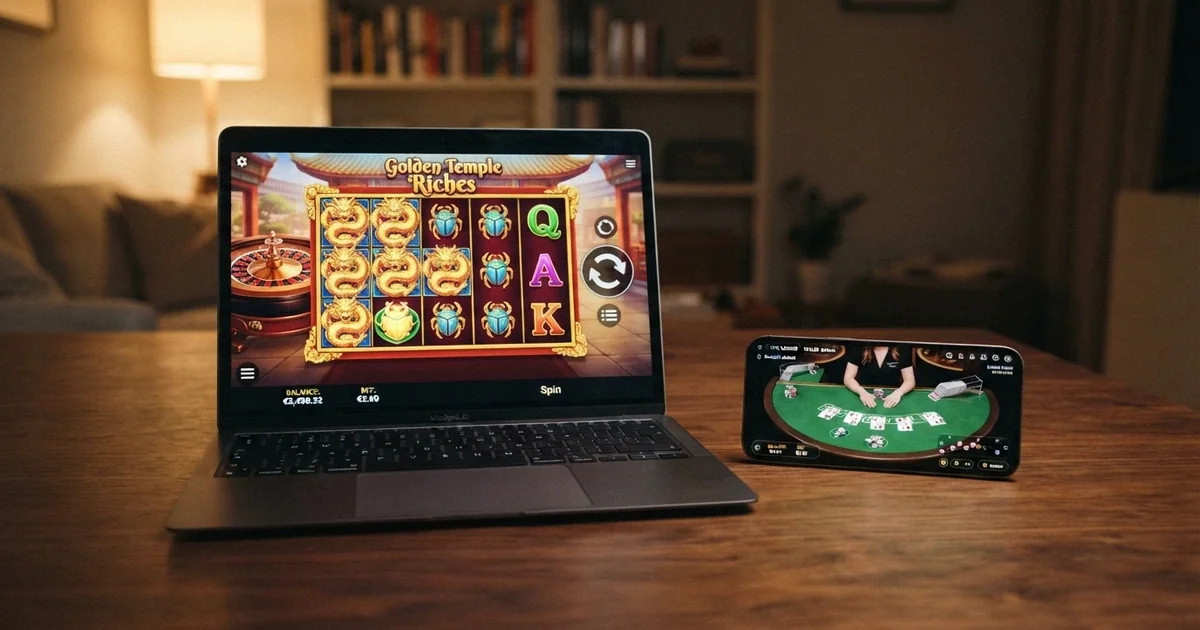 Interfejs kasyna online z grami Playtech widoczny na ekranie laptopa i telefonu — sloty, ruletka i live dealer w jednym widoku