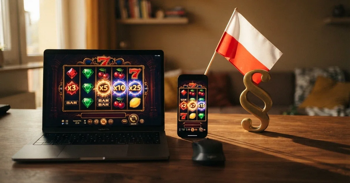 Ekran laptopa i smartfona z grami Pragmatic Play na tle polskiej flagi i symbolu paragrafu