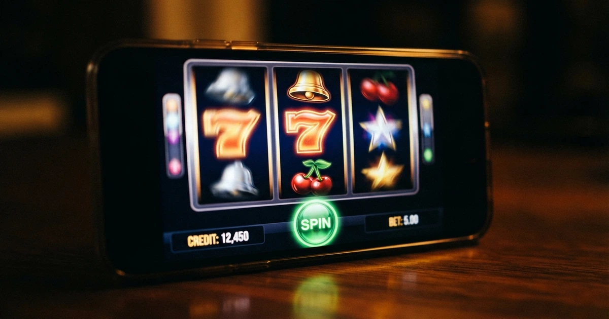 Kolorowe symbole automatów do gry — siódemki, dzwonki i gwiazdki — wirujące na ekranie automatu online, z przyciskiem „Spin” i napisem „Free Spins”