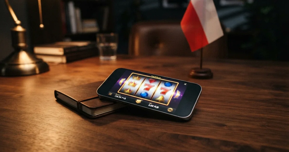 Ekran iPhone'a z otwartą stroną kasyna online i logo Total Casino na tle polskiej flagi