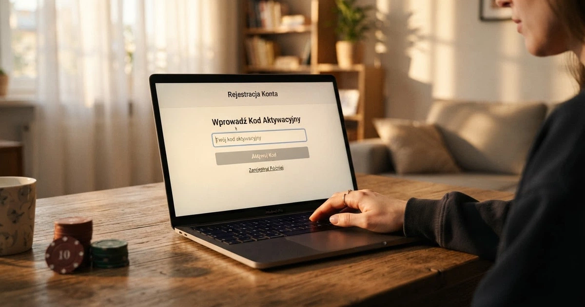 Ekran powitalny kasyna online z formularzem rejestracyjnym i widocznym polem na kod promocyjny, na biurku obok leży polski dowód osobisty