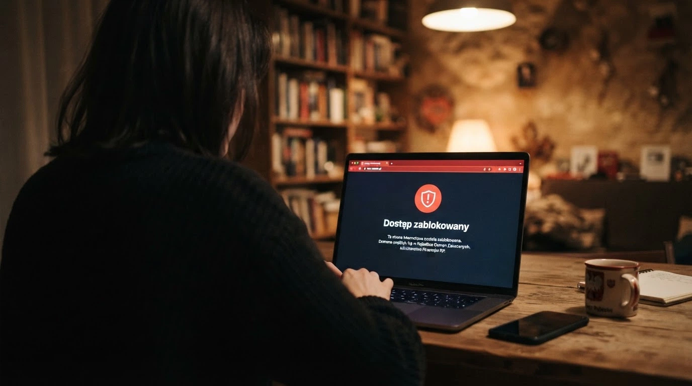 Ekran komputera wyświetlający oficjalny komunikat Ministerstwa Finansów o zablokowaniu dostępu do strony hazardowej — widoczny tekst ostrzeżenia i podstawa prawna.