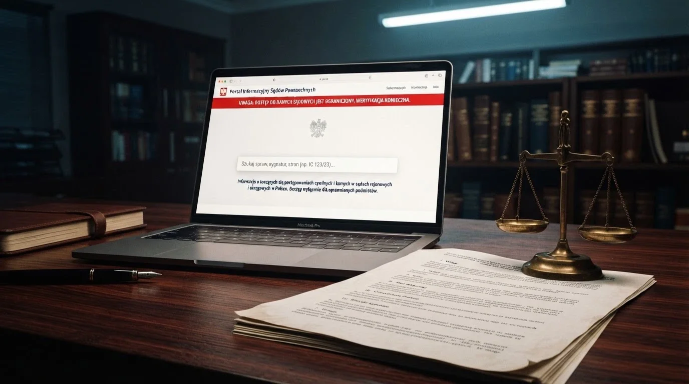 Dokumenty urzędowe i paragrafy na tle ekranu z napisem „Rejestr Domen Hazardowych”