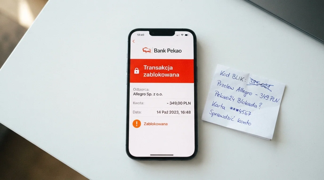 Ekran telefonu z aplikacją bankową pokazującą autoryzację BLIK obok komunikatu „Transakcja zablokowana — domena w Rejestrze MF” — kontrast między legalną a nielegalną ścieżką płatności.