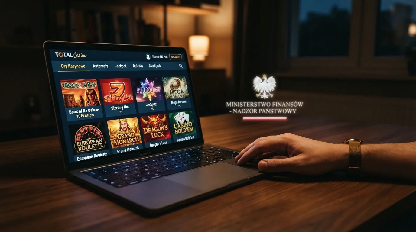 Ekran Total Casino na tle dokumentu urzędowego — jedyne legalne kasyno w polskim Internecie