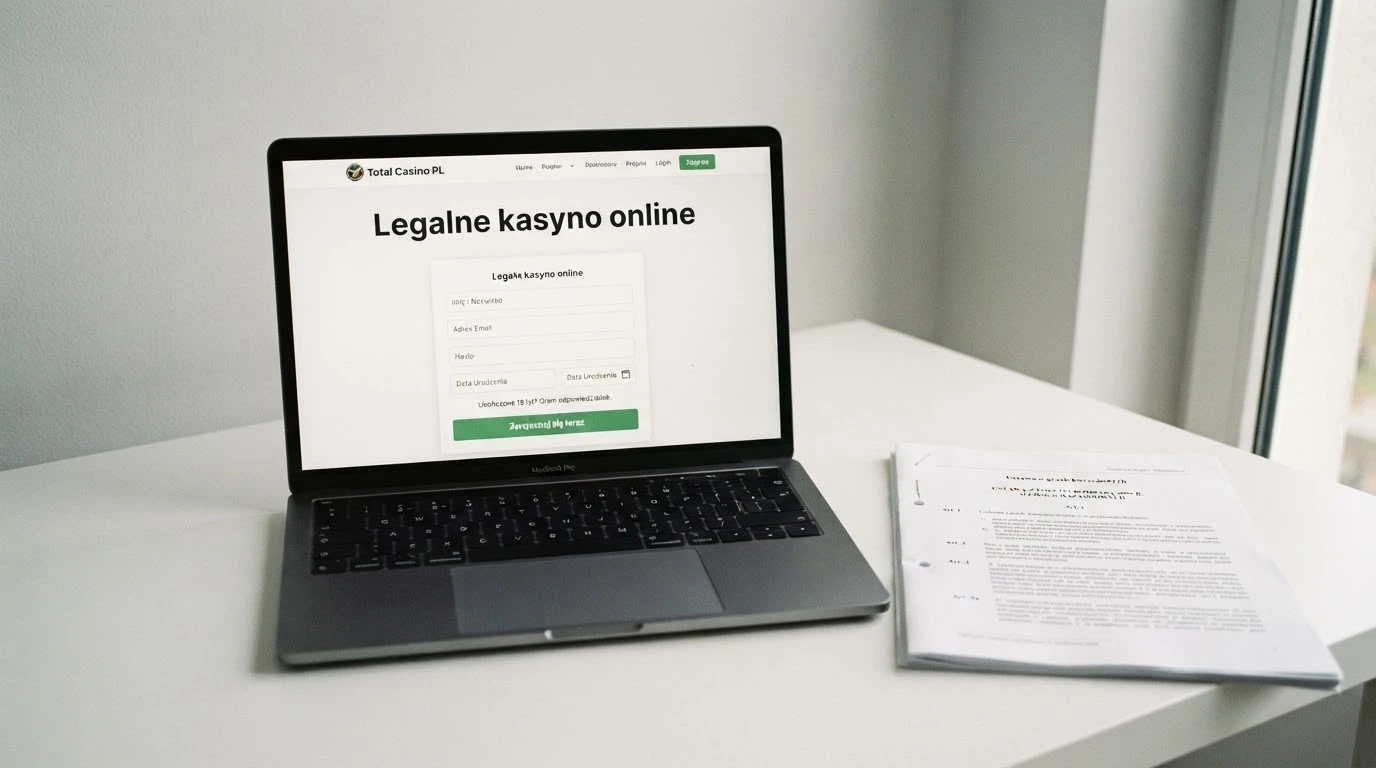 Ekran laptopa z otwartą stroną Total Casino — logo operatora i informacją „Jedyne legalne kasyno online w Polsce”, obok wydruk ustawy o grach hazardowych