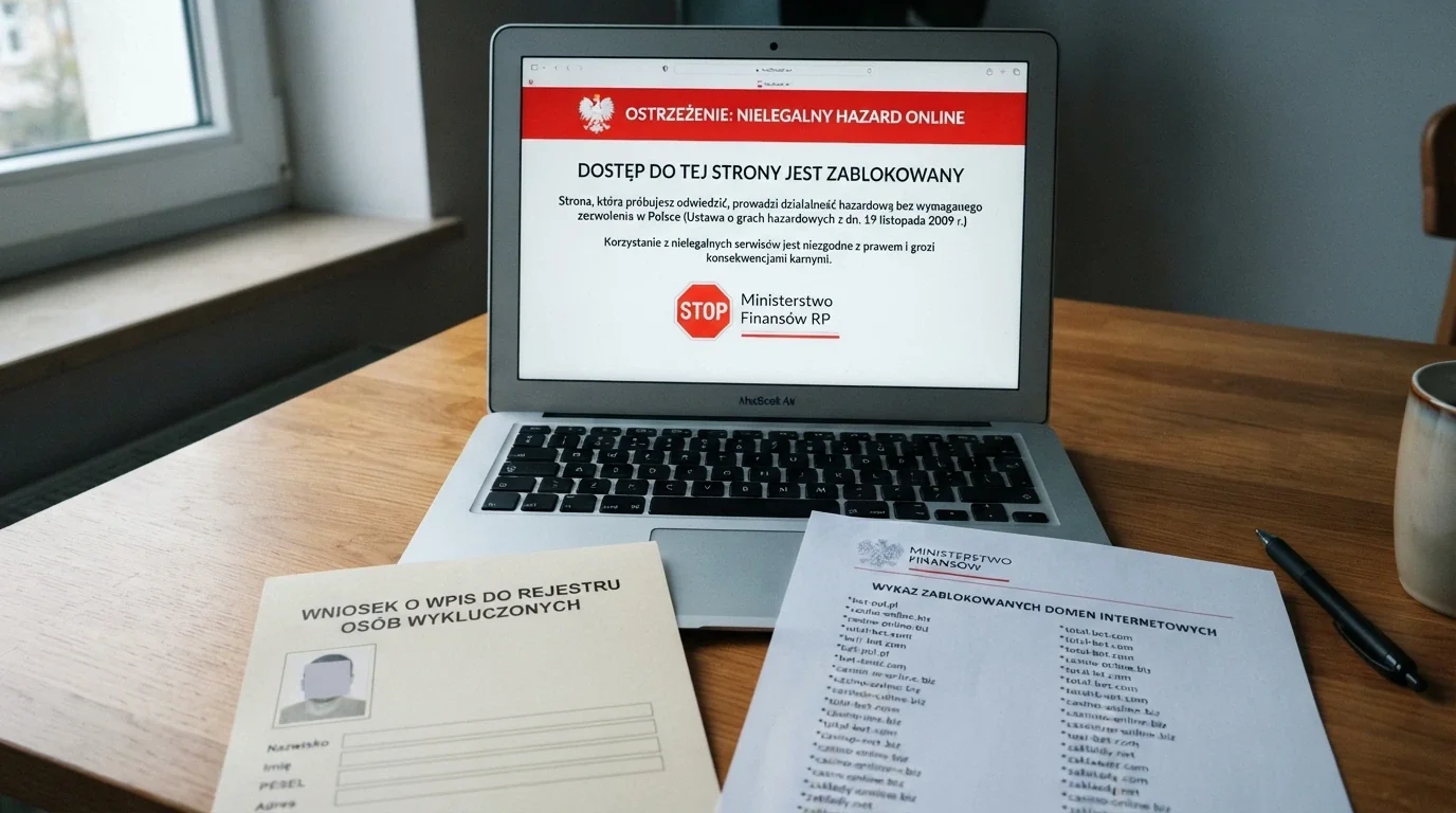 Ekran laptopa wyświetlający stronę ostrzegawczą Ministerstwa Finansów o nielegalnym hazardzie, obok leży polski dowód osobisty i wydruk z Rejestru Domen Zakazanych