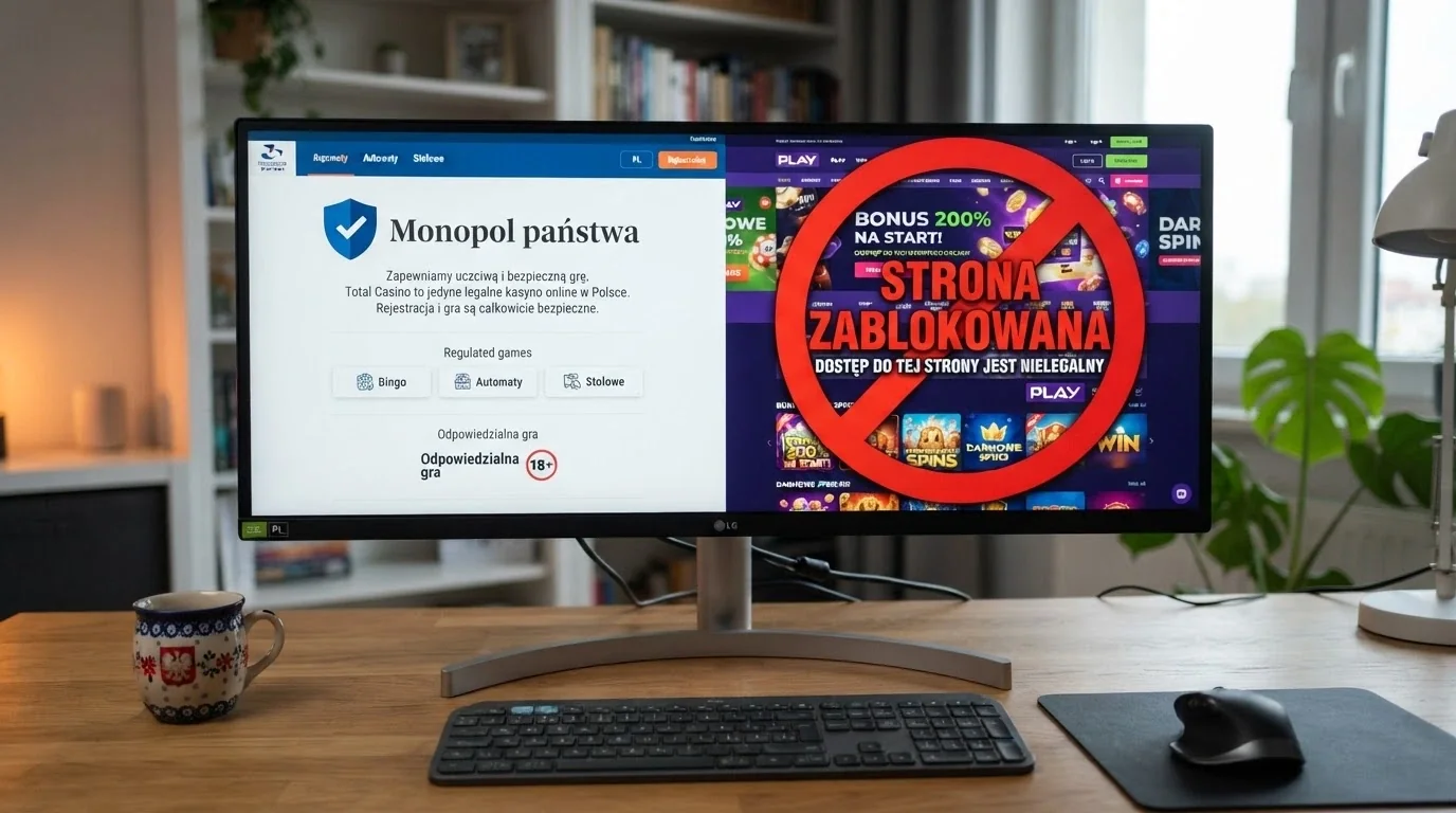 Podział ekranu: z lewej strona Total Casino z oznaczeniem „Monopol państwa”, z prawej strona zagranicznego kasyna z przekreśloną ikoną dostępu