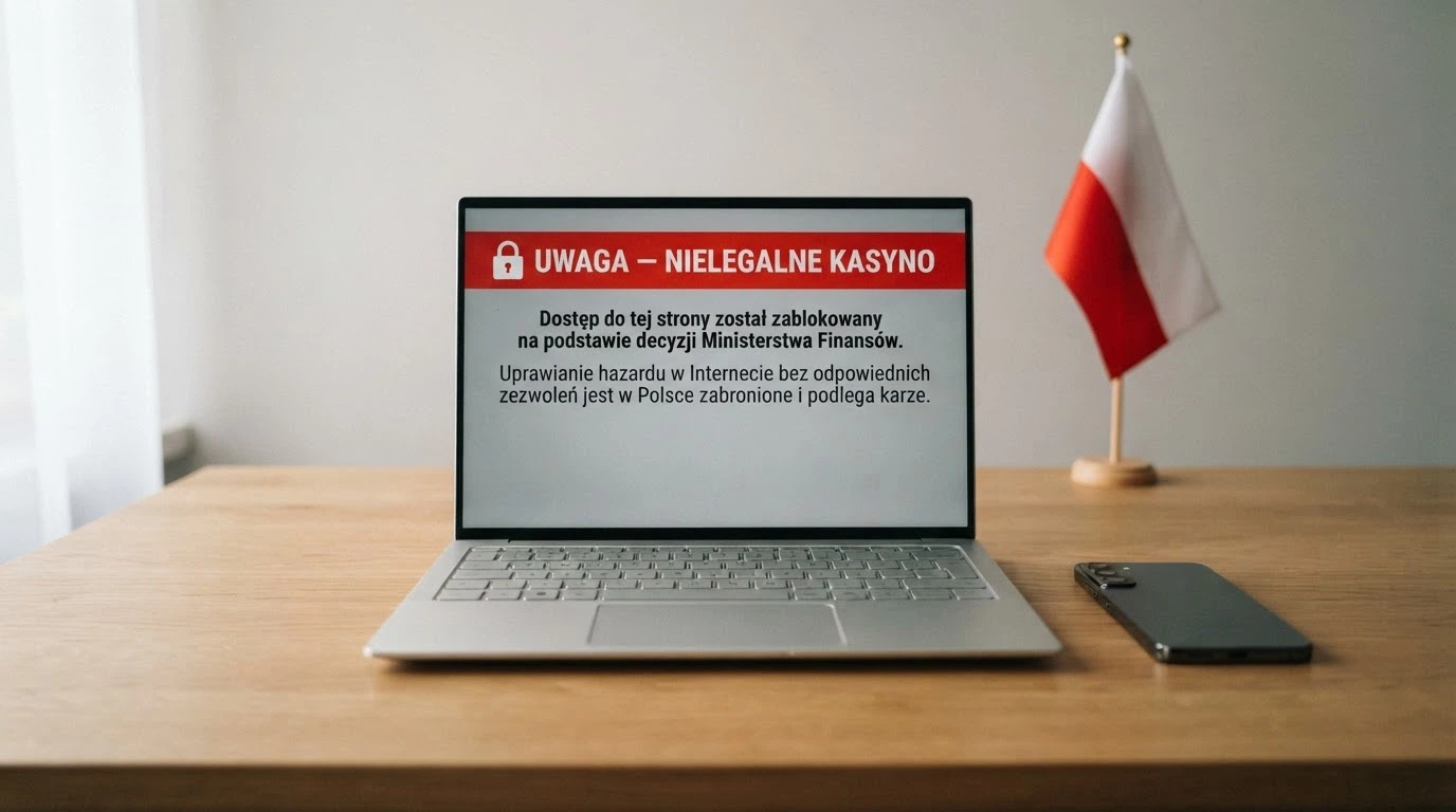 Dokument urzędowy z pieczęcią Ministerstwa Finansów obok ekranu z komunikatem ostrzegawczym i polską flagą