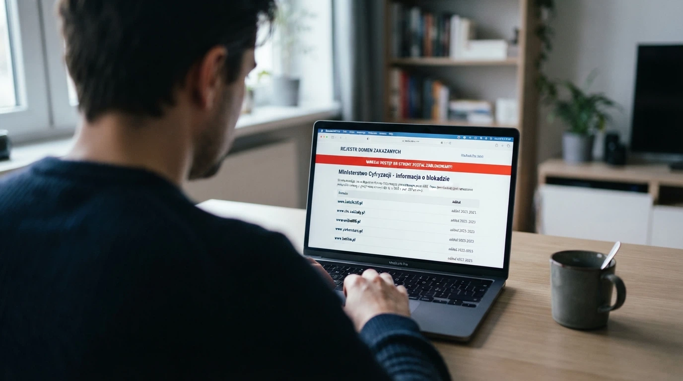 Dokument urzędowy z pieczęcią Ministerstwa Finansów na ekranie monitora, obok widoczny fragment Rejestru Domen