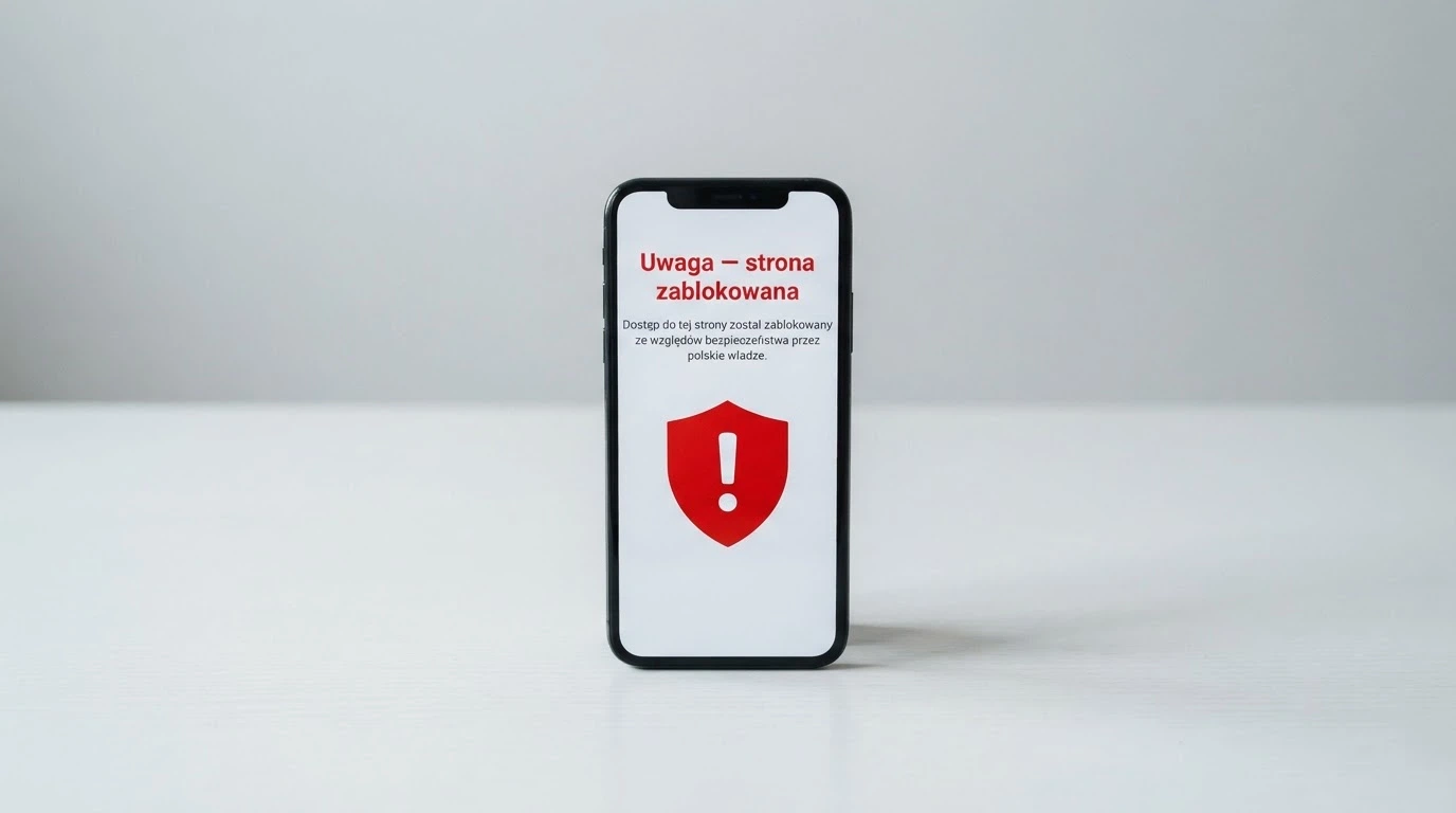 Ekran telefonu z ostrzeżeniem MF lub stroną Rejestru Domen — symbol blokady domeny i przekierowania na stronę ostrzegawczą