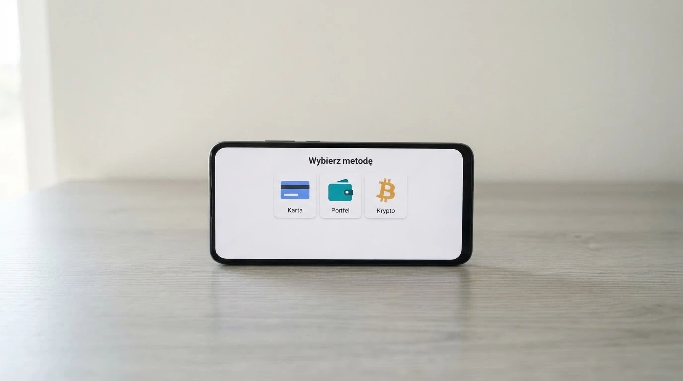 Smartfon wyświetlający ekran aplikacji bankowej z logo BLIK, obok ikony portfeli elektronicznych i symbolu bitcoina