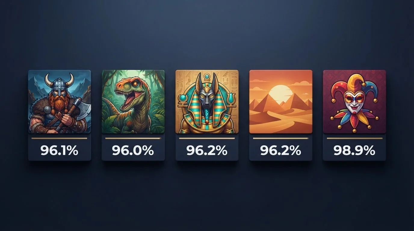 Kolaż pięciu okładek slotów Yggdrasil: Vikings Go Berzerk, Raptor DoubleMax, Valley of the Gods, Hades GigaBlox i Joker Millions z widocznymi wartościami RTP