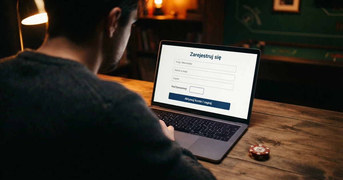 Ekran rejestracji w nowym kasynie online z widocznym polem na kod bonusowy i przyciskiem aktywacji bonusu bez depozytu