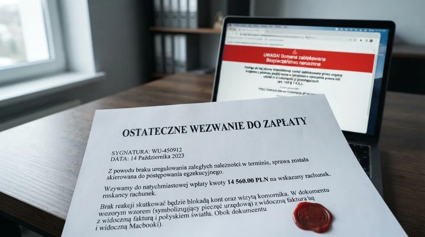 Dokument urzędowy — pieczęć Ministerstwa Finansów na tle paragrafów ustawy o grach hazardowych i ekranu zablokowanej domeny kasyna