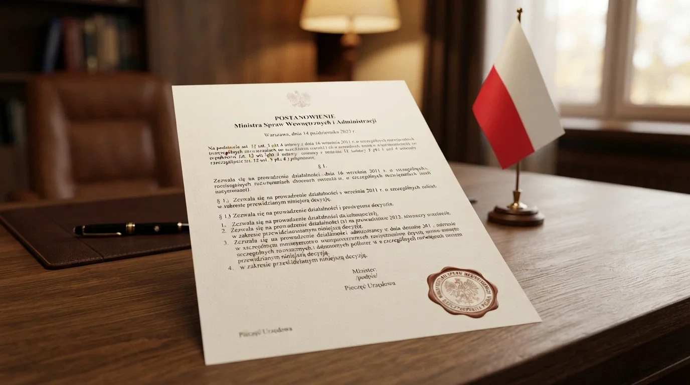 Dokument urzędowy z fragmentem ustawy o grach hazardowych, pieczęcią Ministerstwa Finansów i polską flagą w tle