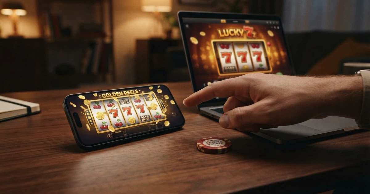 Kolaż przedstawiający nowe kasyna online, automat do gier i symbol darmowych spinów na ekranie telefonu i laptopa