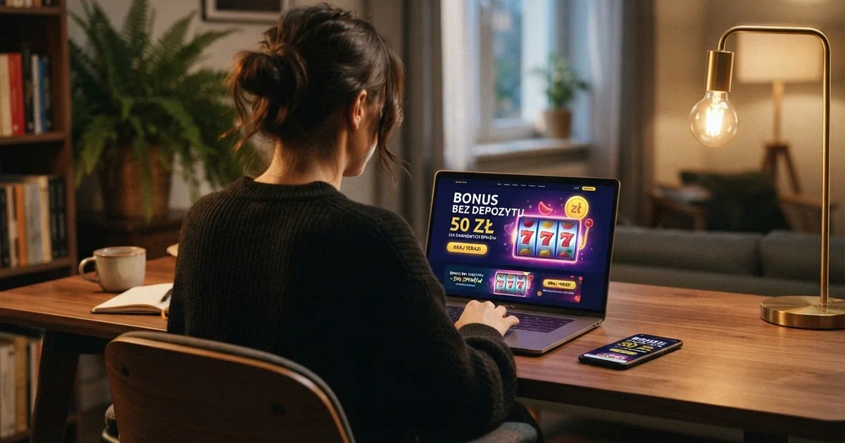 Strona nowego kasyna online wyświetlająca ofertę bonusu bez depozytu na ekranie laptopa i smartfona