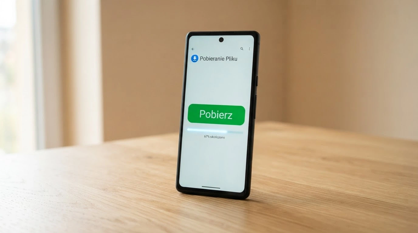 Telefon z widocznym przyciskiem „Pobierz” lub „Zainstaluj” i paskiem postępu instalacji aplikacji