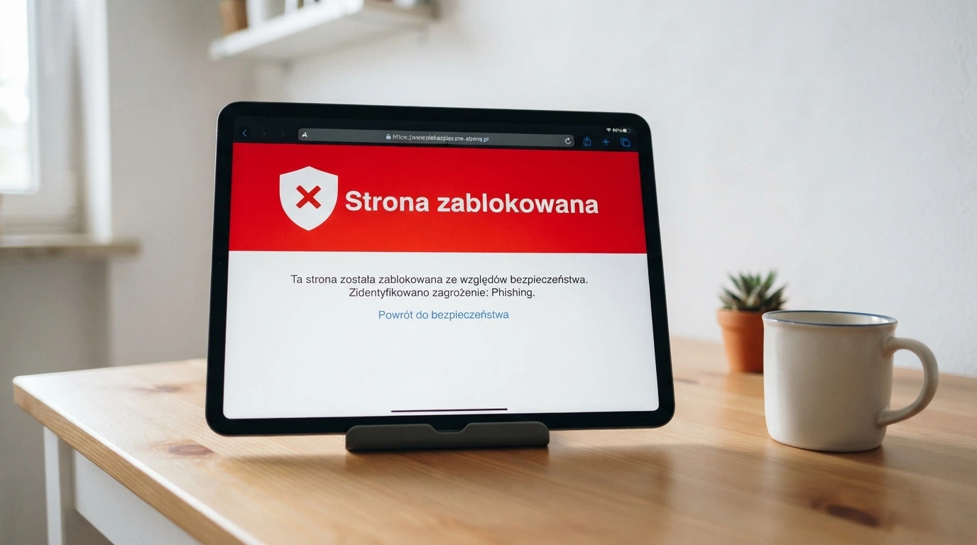 Dokument urzędowy z pieczęcią Ministerstwa Finansów leżący obok ekranu tabletu z ostrzegawczym komunikatem o nielegalnym kasynie