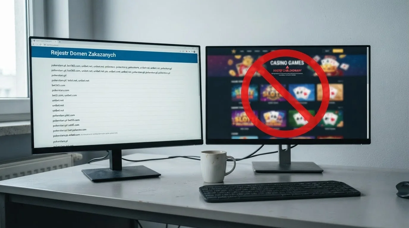 Ekran z widoczną stroną hazard.mf.gov.pl — Rejestr Domen Zakazanych, na drugim monitorze logo kasyna offshore przekreślone czerwoną linią