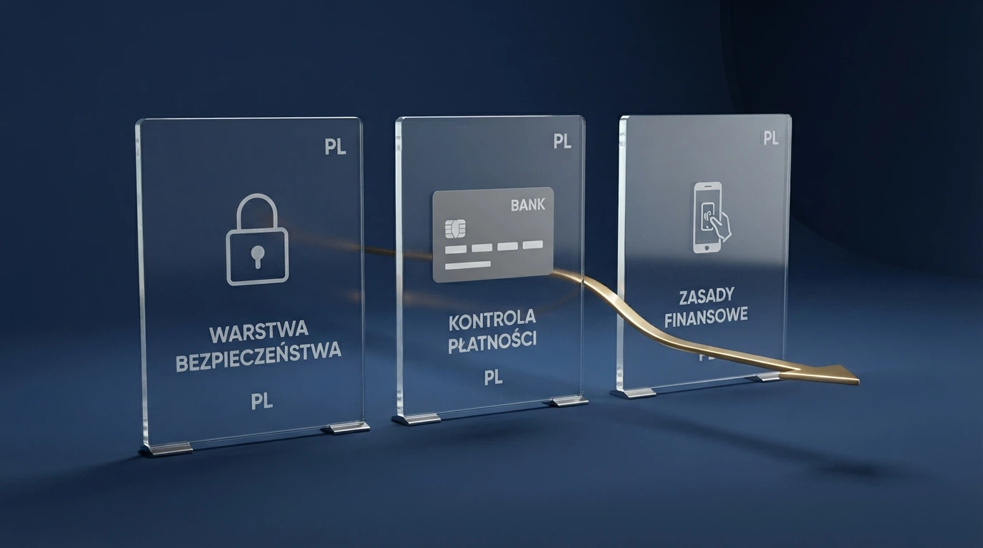 Schemat trzech warstw blokad polskiego rynku hazardowego: Rejestr Domen, blokada płatności i BLIK — ze strzałką pokazującą jak kryptowaluta omija każdą z nich