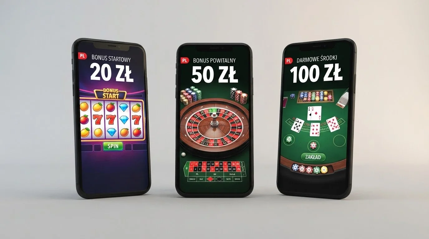 Zestawienie kart lojalnościowych lub ekranów powitalnych kilku kasyn online z różnymi ofertami bonusów — gotówka, darmowe spiny, różne kwoty