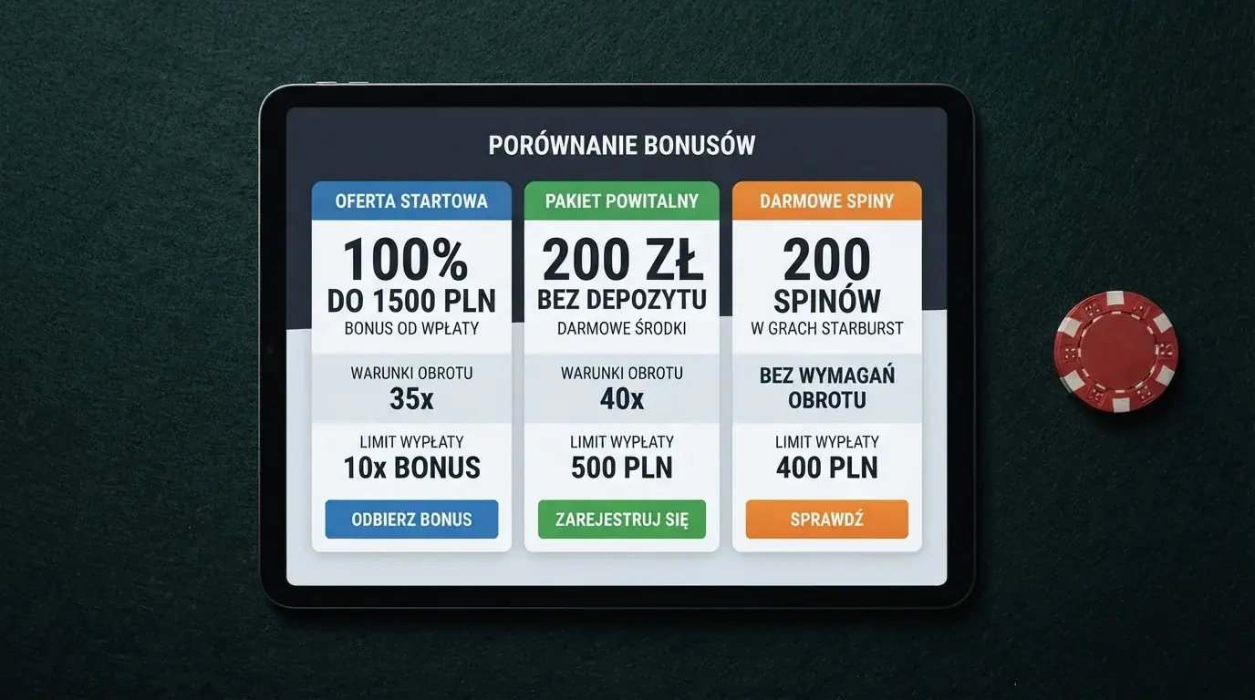 Zestawienie tabelaryczne kilku kart operatorów z widocznymi wartościami bonusów bez depozytu, wymogami obrotu i limitami wypłat