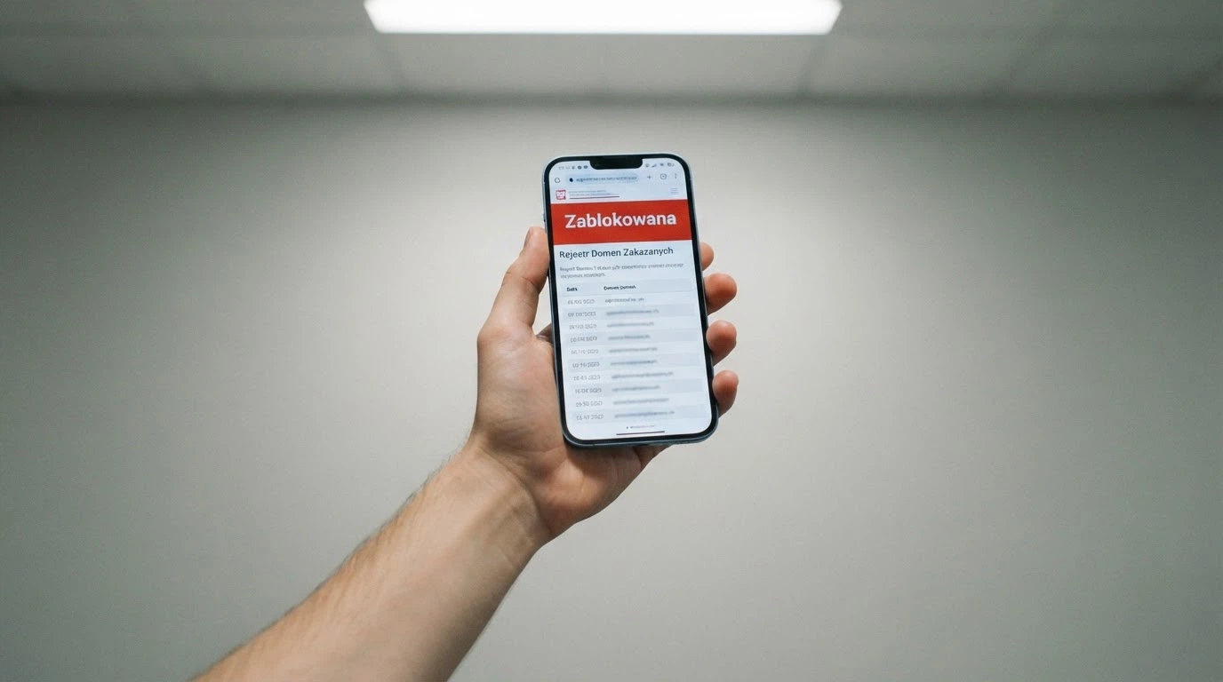 Strona Rejestru Domen Służących do Oferowania Gier Hazardowych Niezgodnie z Ustawą na ekranie telefonu — widoczna data wpisu i nazwa zablokowanej domeny