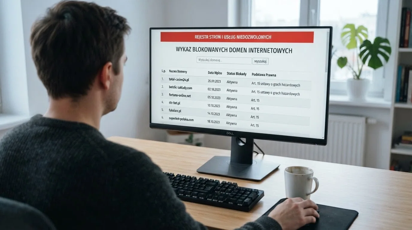 Ekran monitora wyświetlający stronę hazard.mf.gov.pl z widoczną listą zablokowanych domen hazardowych i komunikatem ostrzegawczym Ministerstwa Finansów