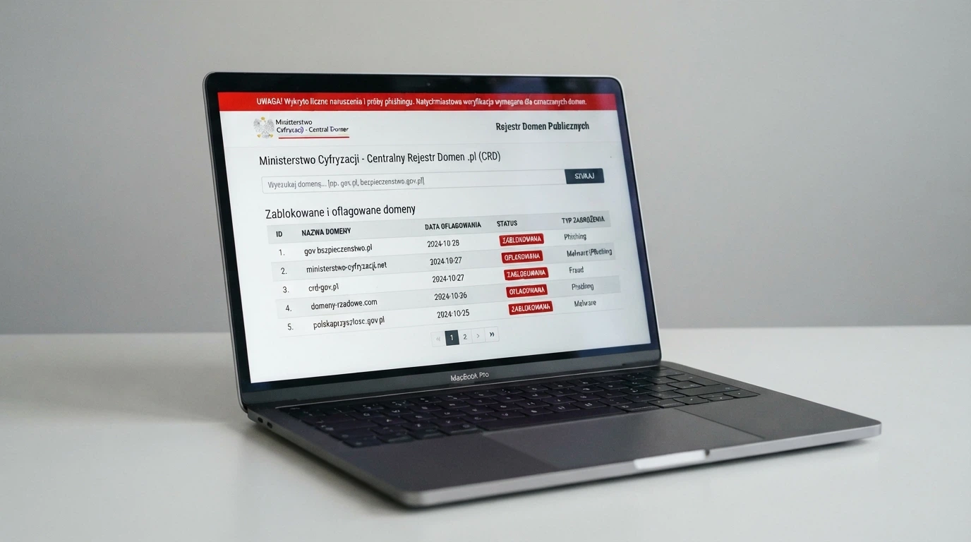 Strona Rejestru Domen Służących do Oferowania Gier Hazardowych prowadzonego przez Ministerstwo Finansów — widoczna wyszukiwarka domen i ostrzeżenie przed nielegalnym hazardem